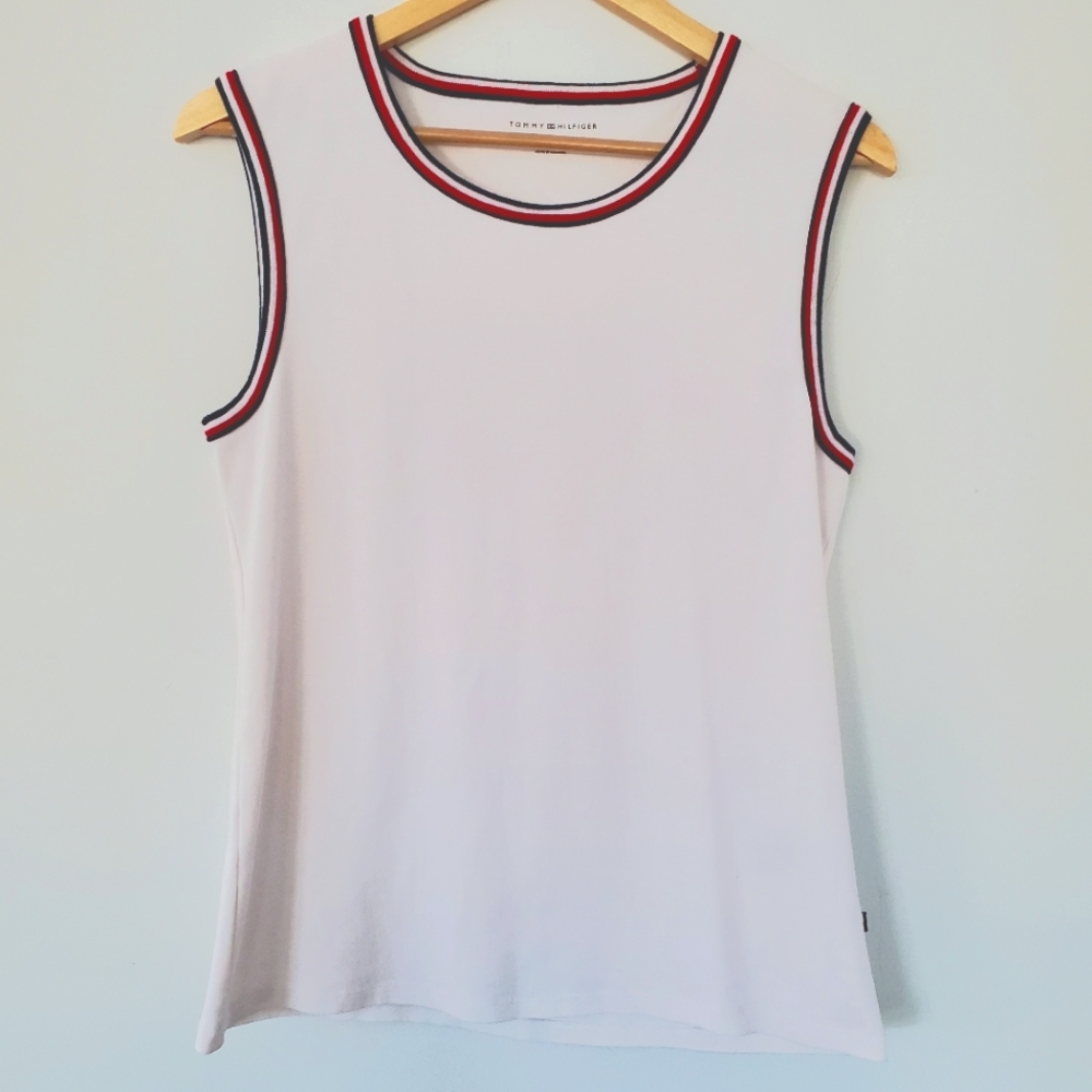 TOMMY HILFIGER Women L White Sleeveless Top Red White Blue Stripe Accent Preppy - Picture 12 of 12